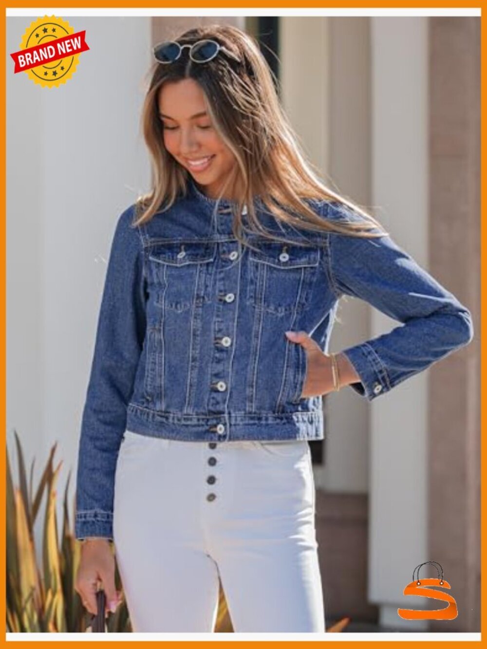 Collarless Button Down Denim Jacket Casual Western Long Sleeve Jacket - Picture 2 of 7
